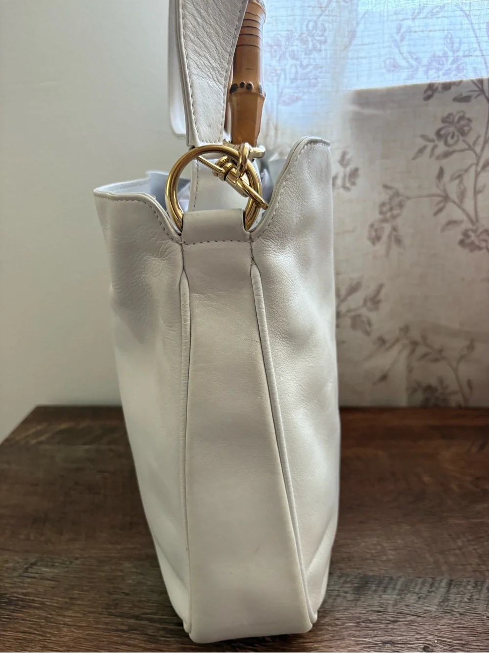 Gucci White Leather Bamboo-Handle Bag